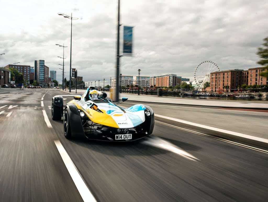 BAC Mono street-legal single-seater driving on a public road in Liverpool
