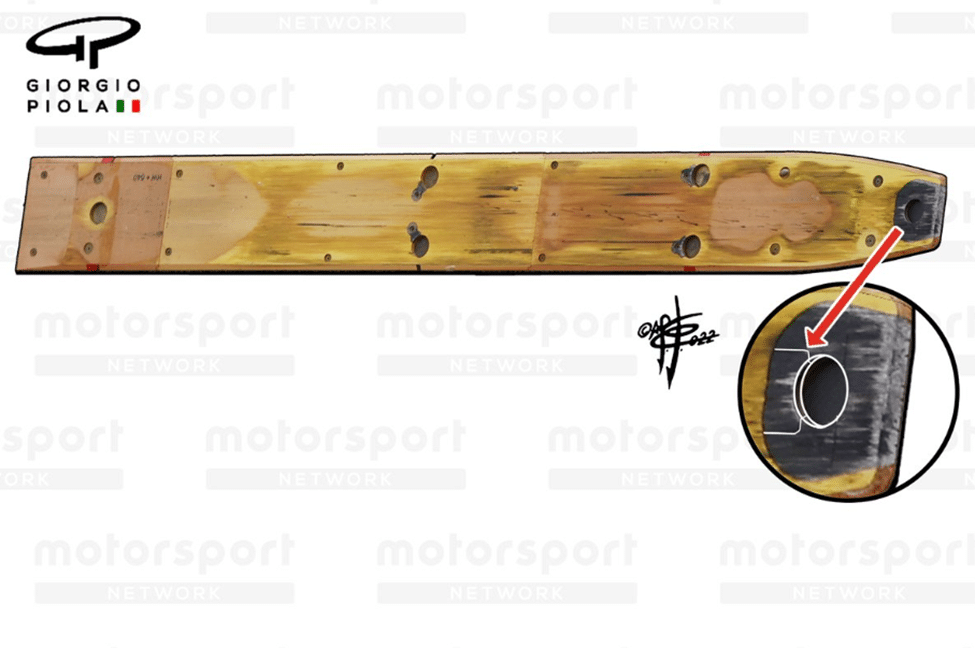 Giorgio Piola illustration of a worn F1 skid plank with measurement hole detail